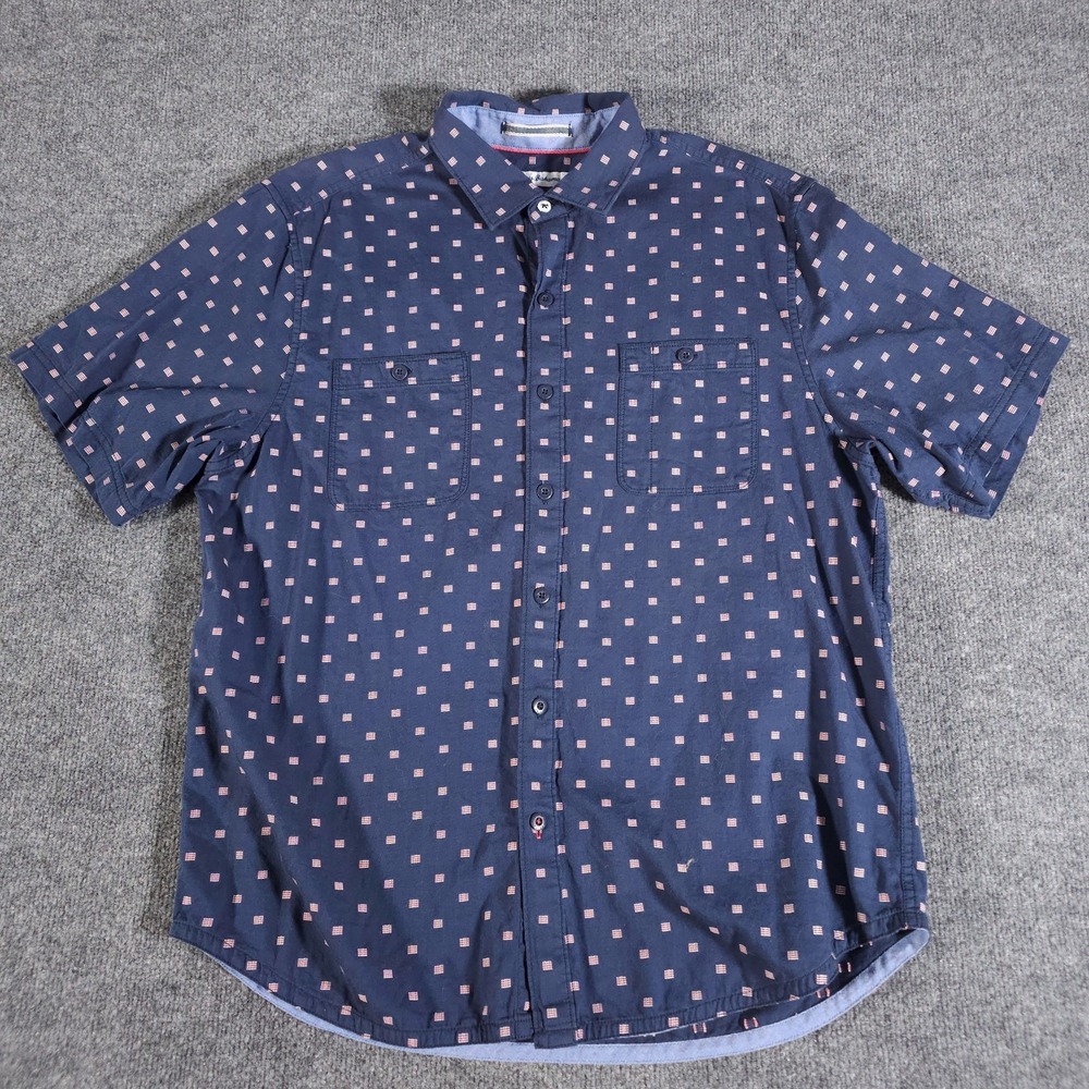 Tommy Bahama Mens Large Short Sleeve Button Up Shirt Navy Blue AOP Geometric